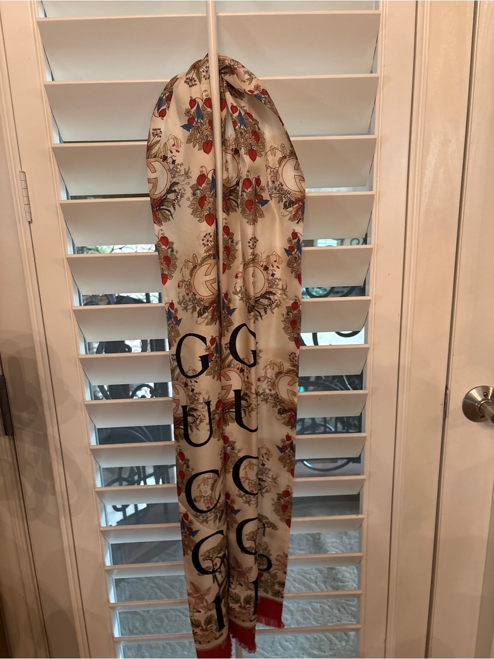 Gucci Beige Floral Logo Silk Scarf with Red and Blue Accents